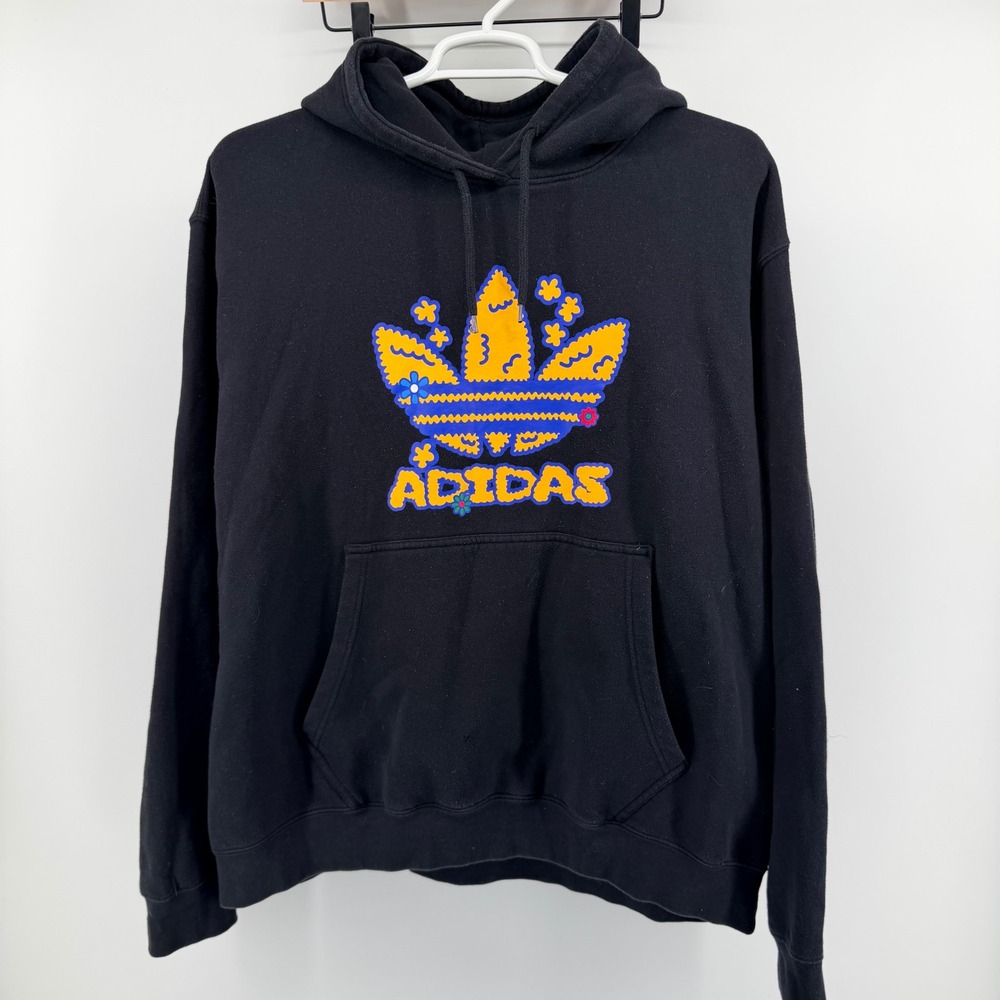 Adidas Trefoil Graphic Hoodie Black Yellow Blue Floral Streetwear 2XL Mens - Picture 2 of 8